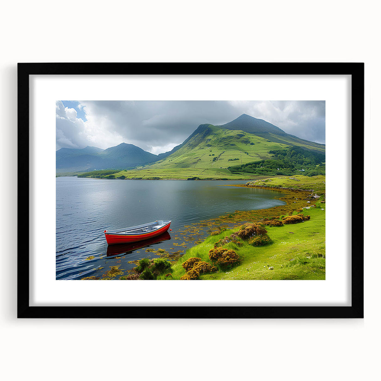Colorful abstract art print of a textured Northern Ireland scenery in a large black frame, ideal for living room decor.