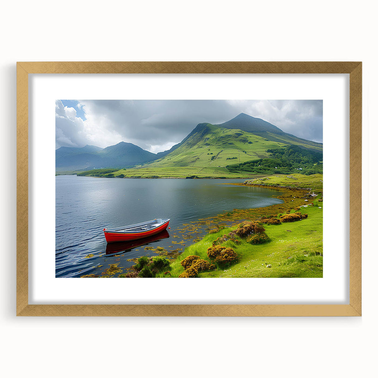 Abstract art print of Northern Ireland scenery in muted green and blue tones, framed in gold, ideal for dining room decor.