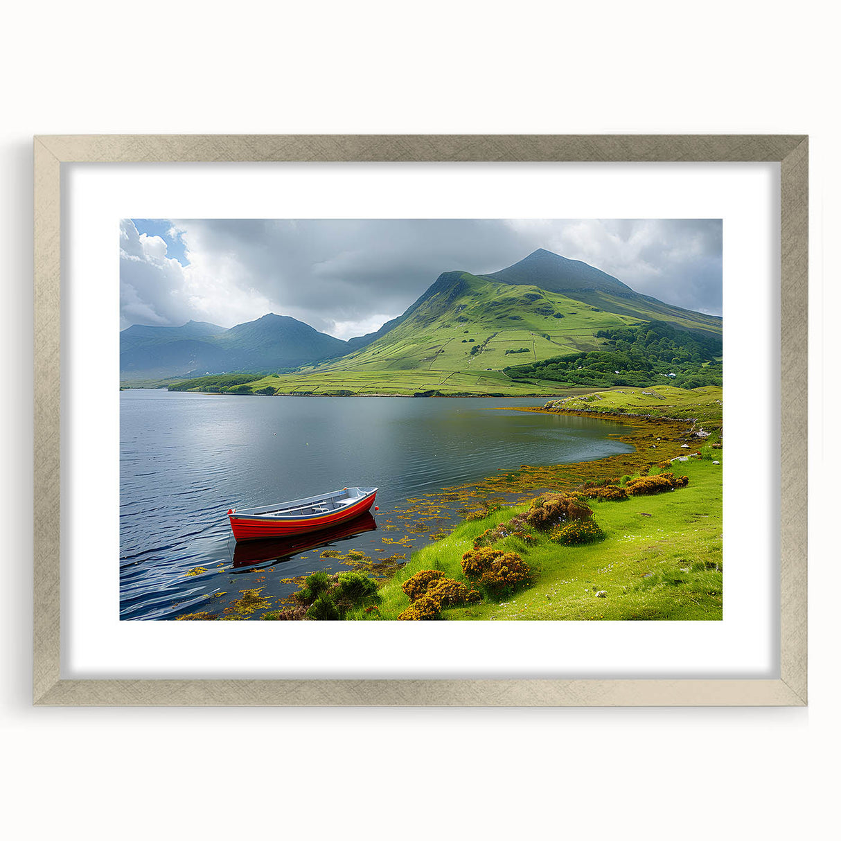 Abstract art print of Northern Ireland scenery in textured silver frame, ideal for extra large wall art in a living room.