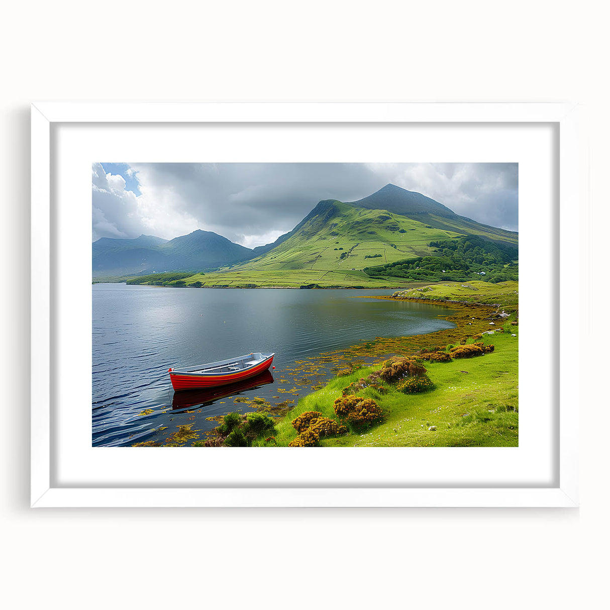 Textured abstract art print of a Northern Ireland landscape in muted earth tones on a framed white mat.