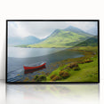 Large abstract wall art depicting Northern Ireland scenery in muted green and blue, framed in black acrylic.