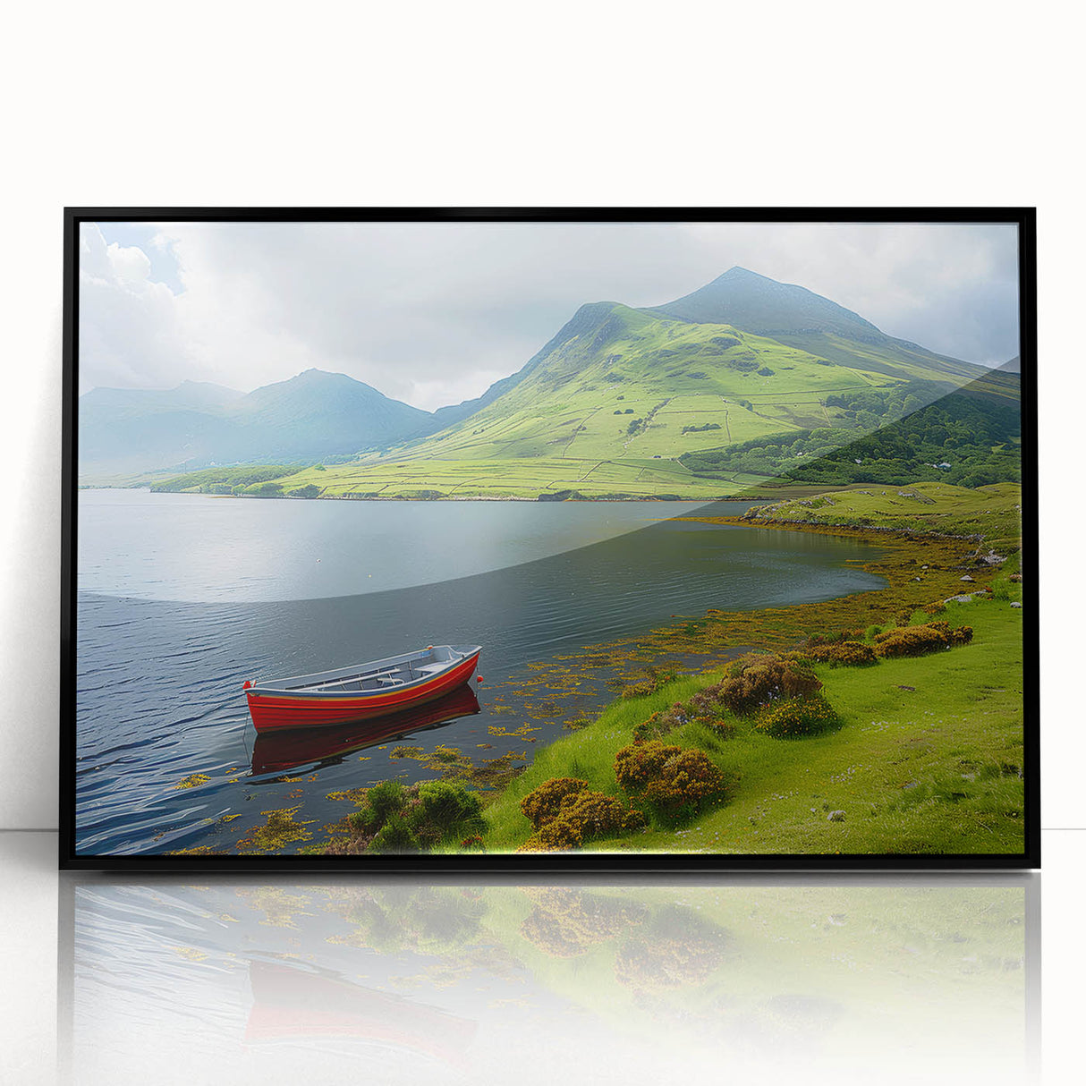 Large abstract wall art depicting Northern Ireland scenery in muted green and blue, framed in black acrylic.