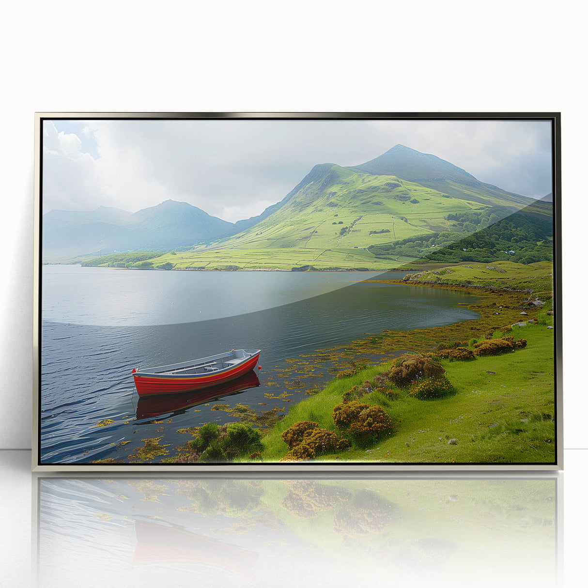Large art print of Northern Ireland scenery in muted green and blue tones on a silver-framed acrylic.