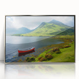 Large art print of Northern Ireland scenery in muted green and blue tones on a silver-framed acrylic.