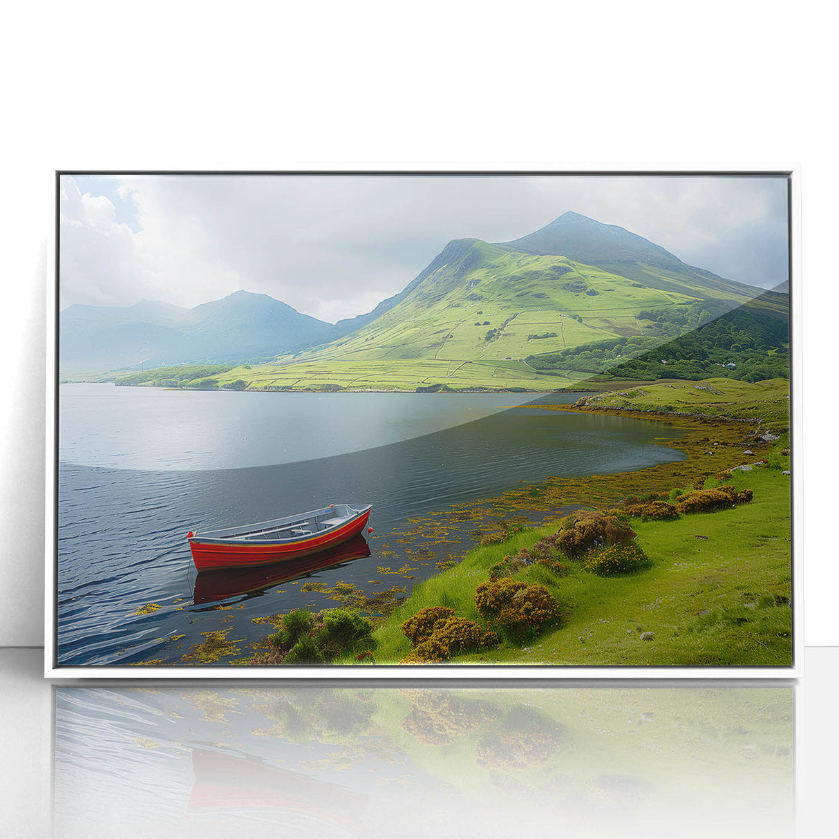 Mid-century modernist art depicting Northern Ireland scenery in muted green and blue tones on a white framed acrylic.