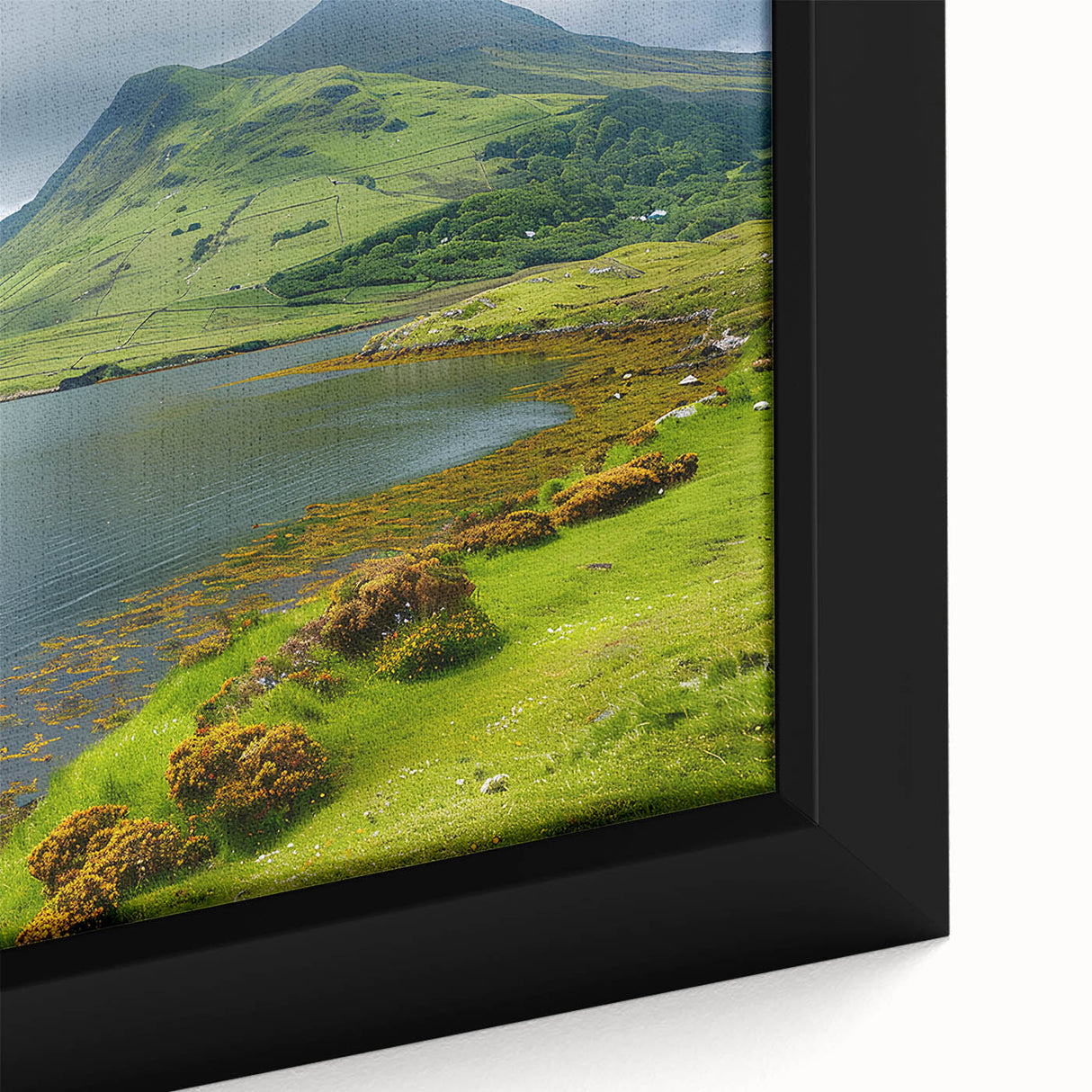 Black wall art featuring a textured depiction of Northern Ireland scenery in colorful art style on an extra large framed…