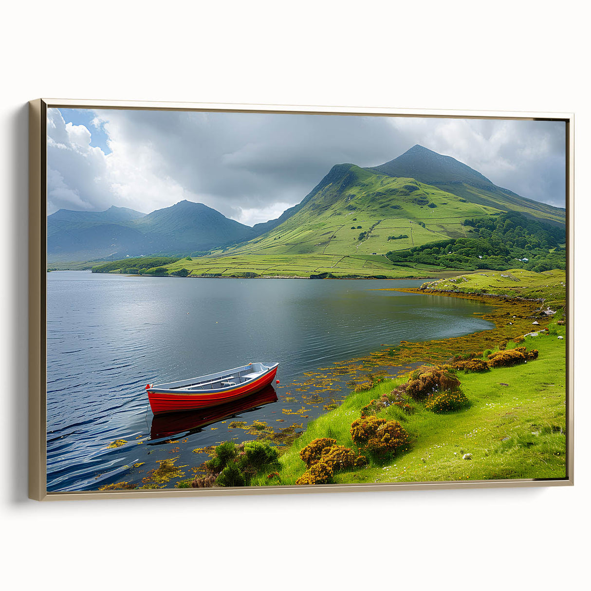 Framed canvas featuring a vintage-style landscape of Northern Ireland in muted gold and black tones.