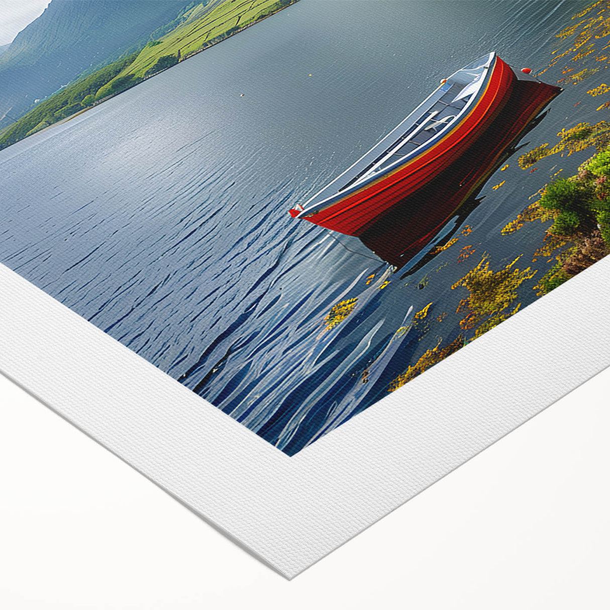 Art deco poster of Northern Ireland scenery in muted green and blue tones on rolled canvas.