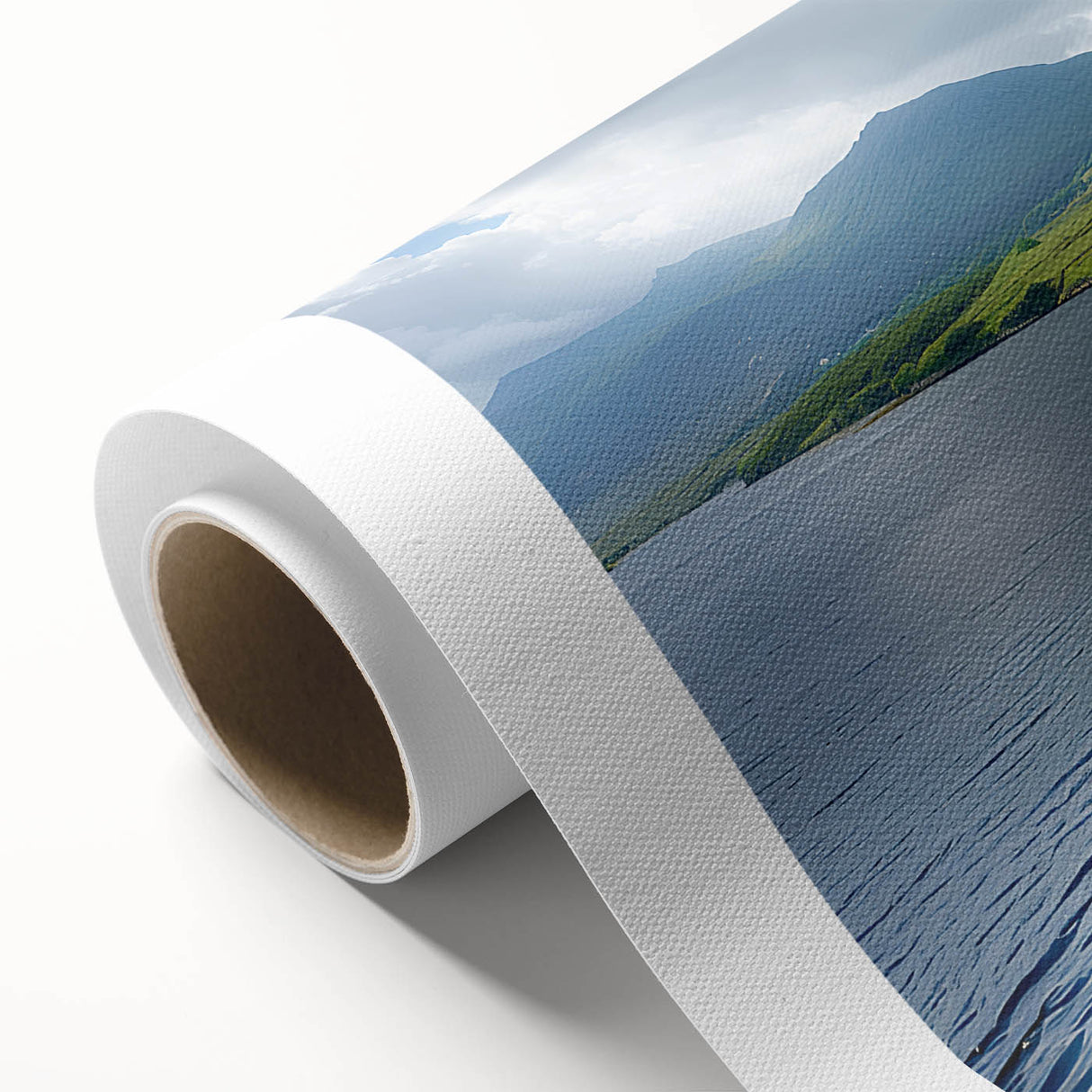 Art deco poster of Northern Ireland scenery in muted green and blue tones on rolled canvas, ideal for nursery wall art.