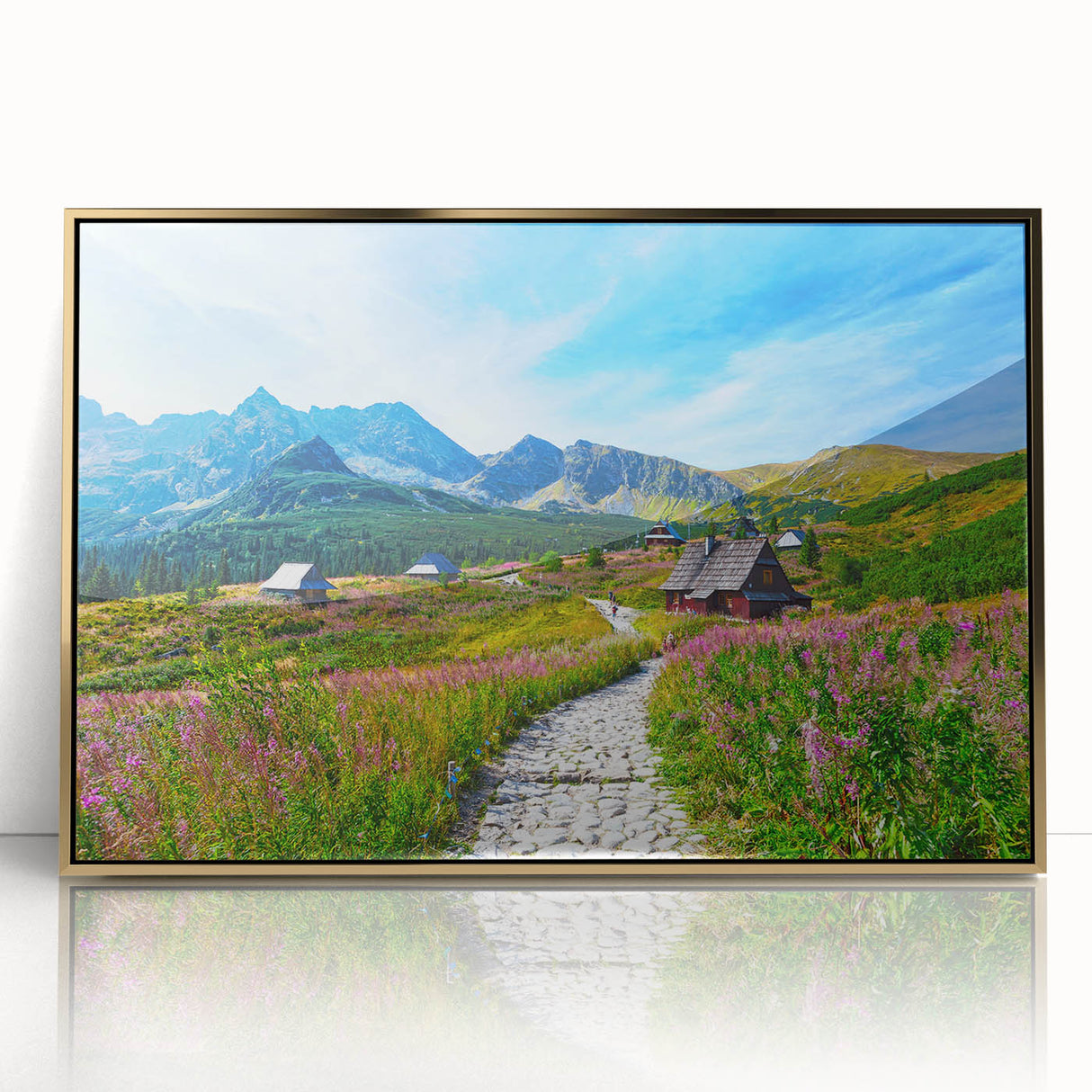 Art deco poster featuring a scenic European landscape in muted gold and blue tones.
