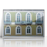 Mid-century modernist art depicting Lisbon's cityscape in pastel tones on a framed acrylic, ideal for nursery wall art.