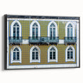 Black and white framed canvas of Lisbon landscape in vintage poster style, ideal for bedroom decor.