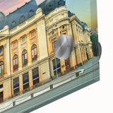 Large abstract wall art of Romanian scenery in mid-century modernist style on acrylic glass, ideal for dining room decor.