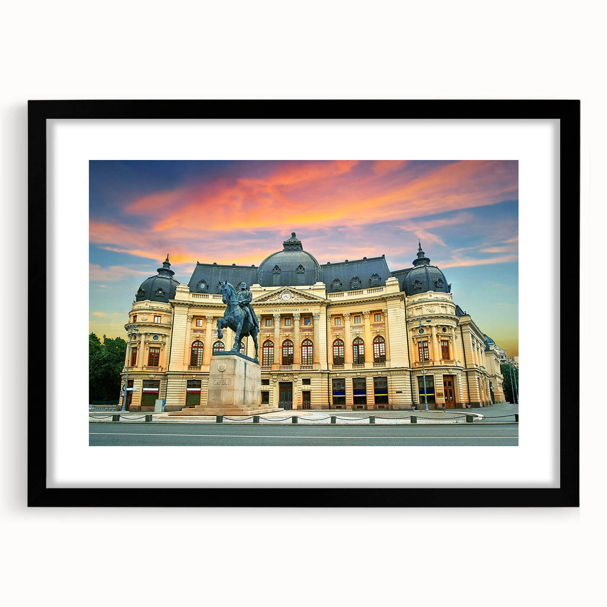 Extra large abstract art print of a colorful European scenery, textured on a black framed canvas.