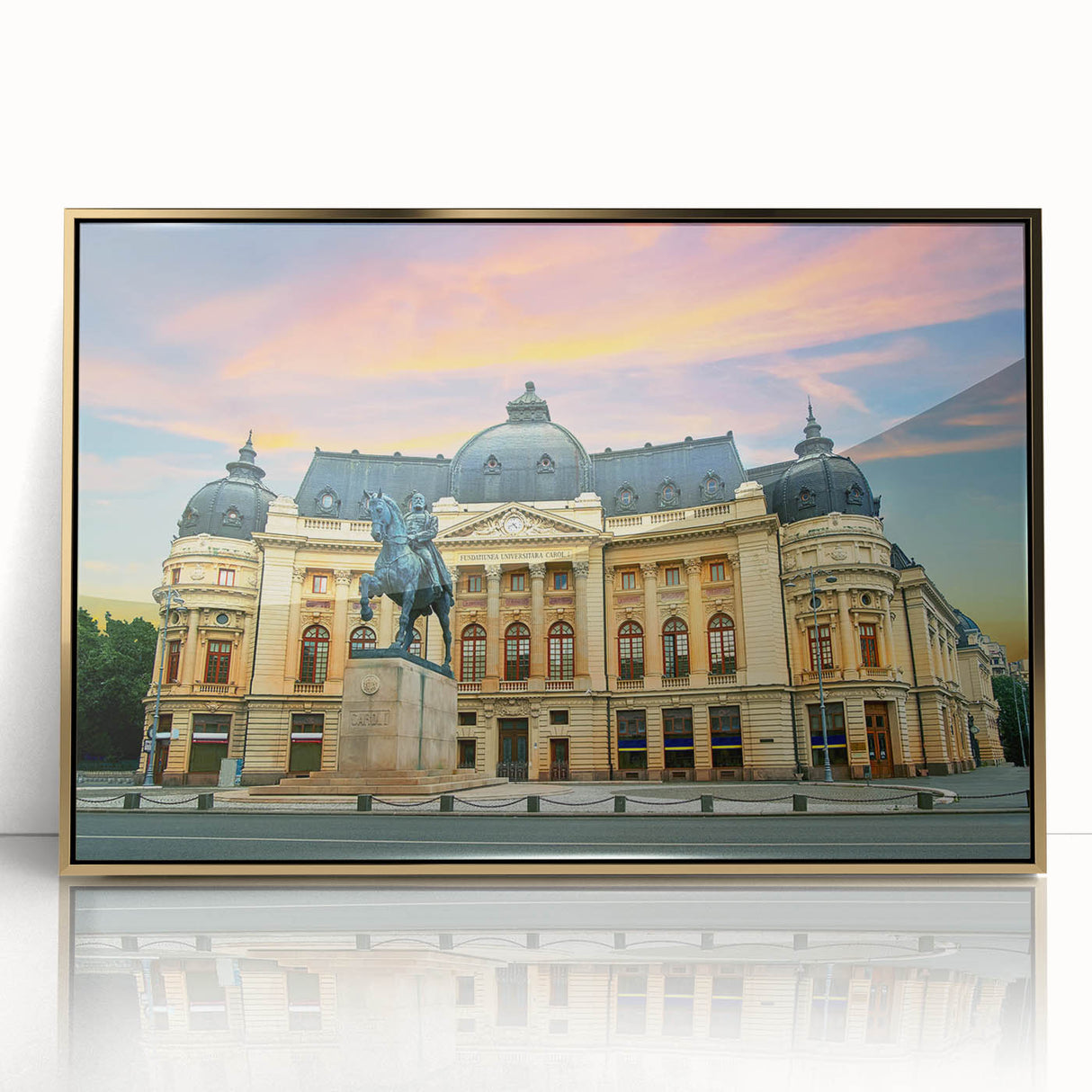 Art deco poster of a Romanian landscape in muted gold and green tones, acrylic framed, suitable for modern art wall decor.