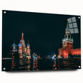 Acrylic print of a Moscow cityscape in muted gray and blue tones, ideal for dining room decor.