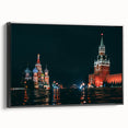 Black and white wall art featuring a vintage poster-style landscape of Moscow on a framed canvas, ideal for bedroom decor.