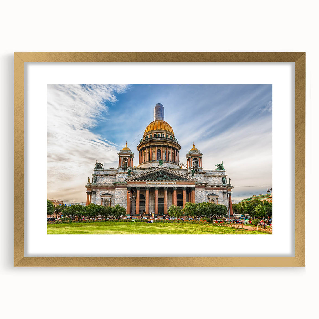 Abstract art print of a European cityscape in muted gold and blue tones, framed with a gold mat.