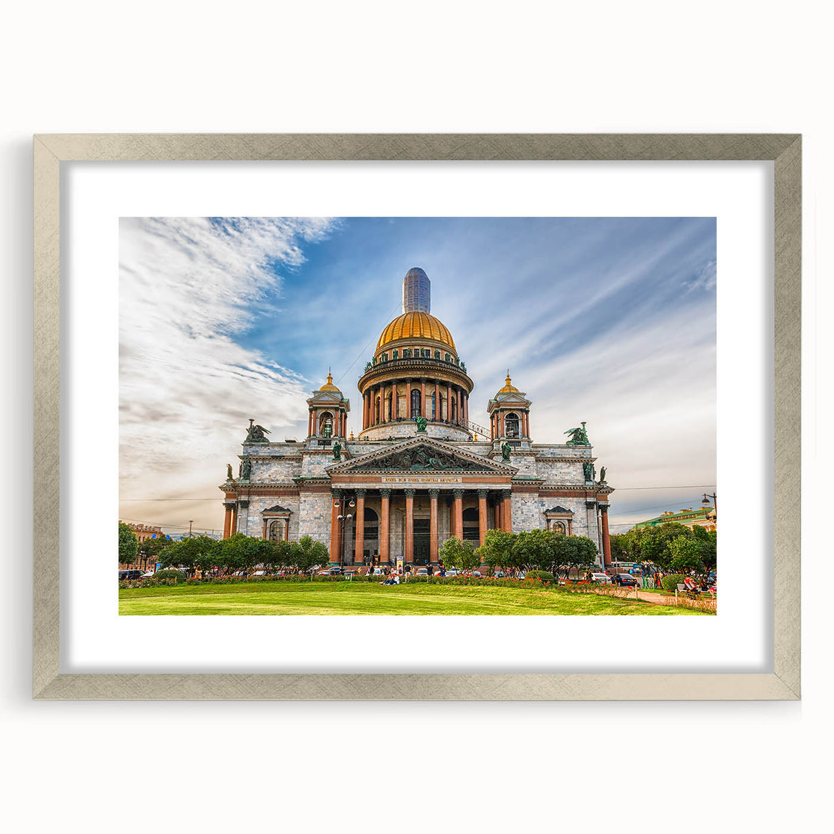Extra large abstract art print depicting a textured European cityscape in muted earth tones, framed in silver.