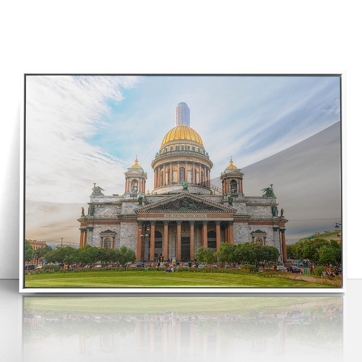 Mid-century modernist art depicting a serene European cityscape in muted pastel shades, framed acrylic print.