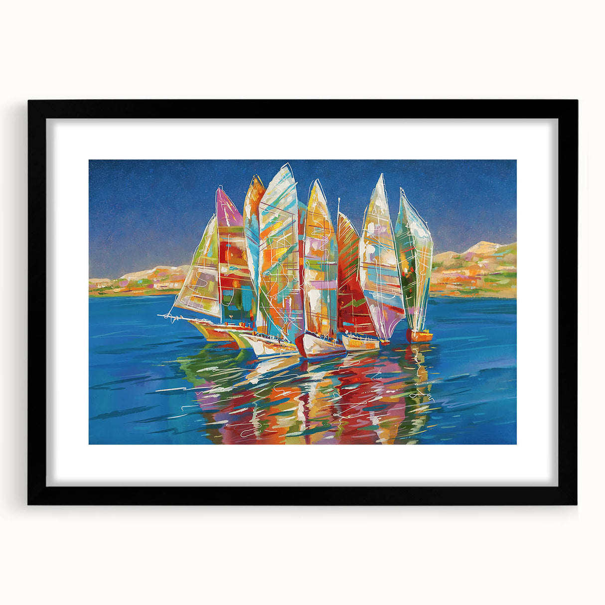 Extra large abstract art print of a colorful, textured Sochi scenery on framed canvas, ideal for living room decor.