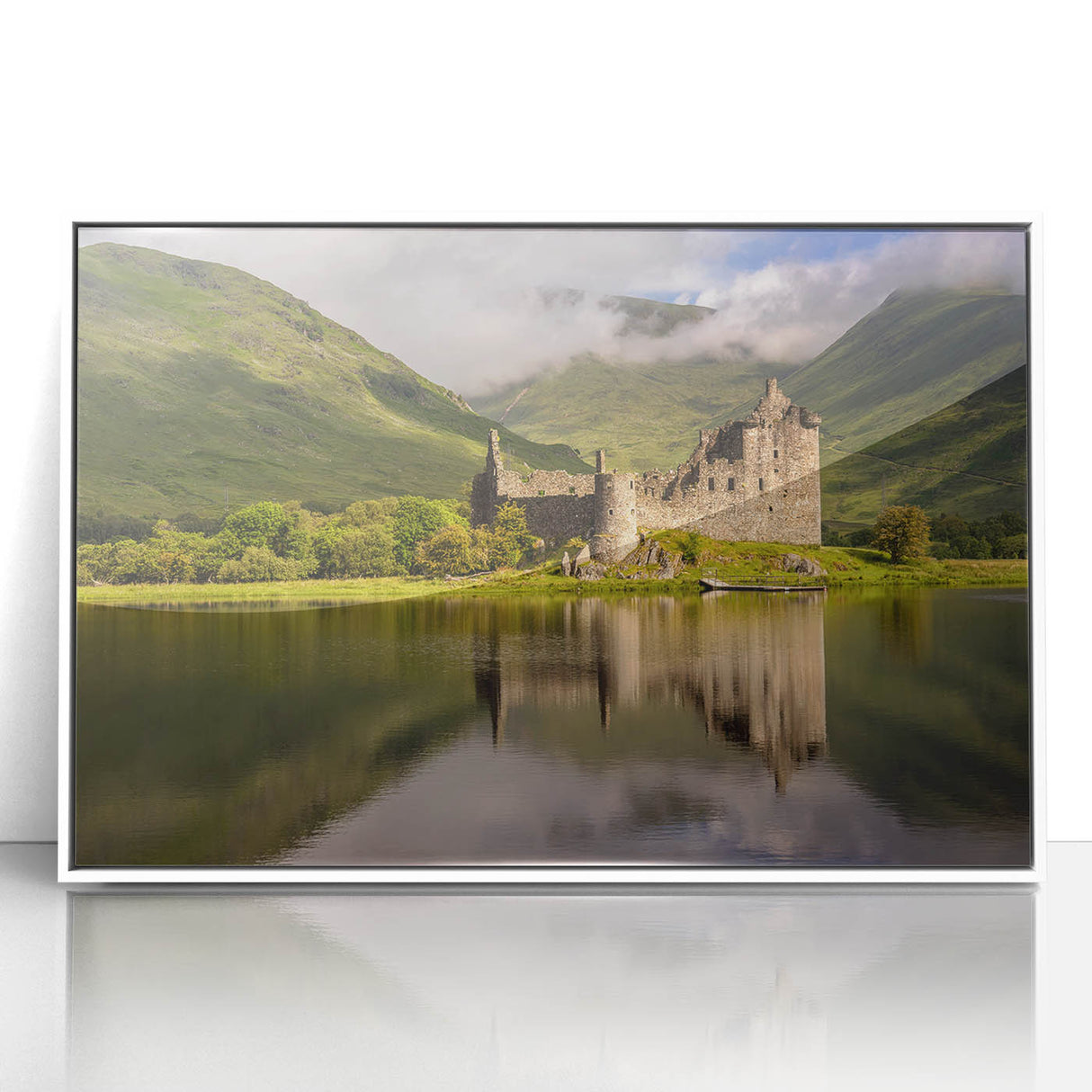 Mid-century modernist art depicting a serene Scottish landscape in muted greens and blues, acrylic print framed in white.