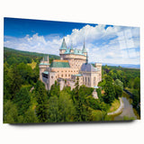 Acrylic glass print of a large abstract depiction of a European scenery in muted earth tones.