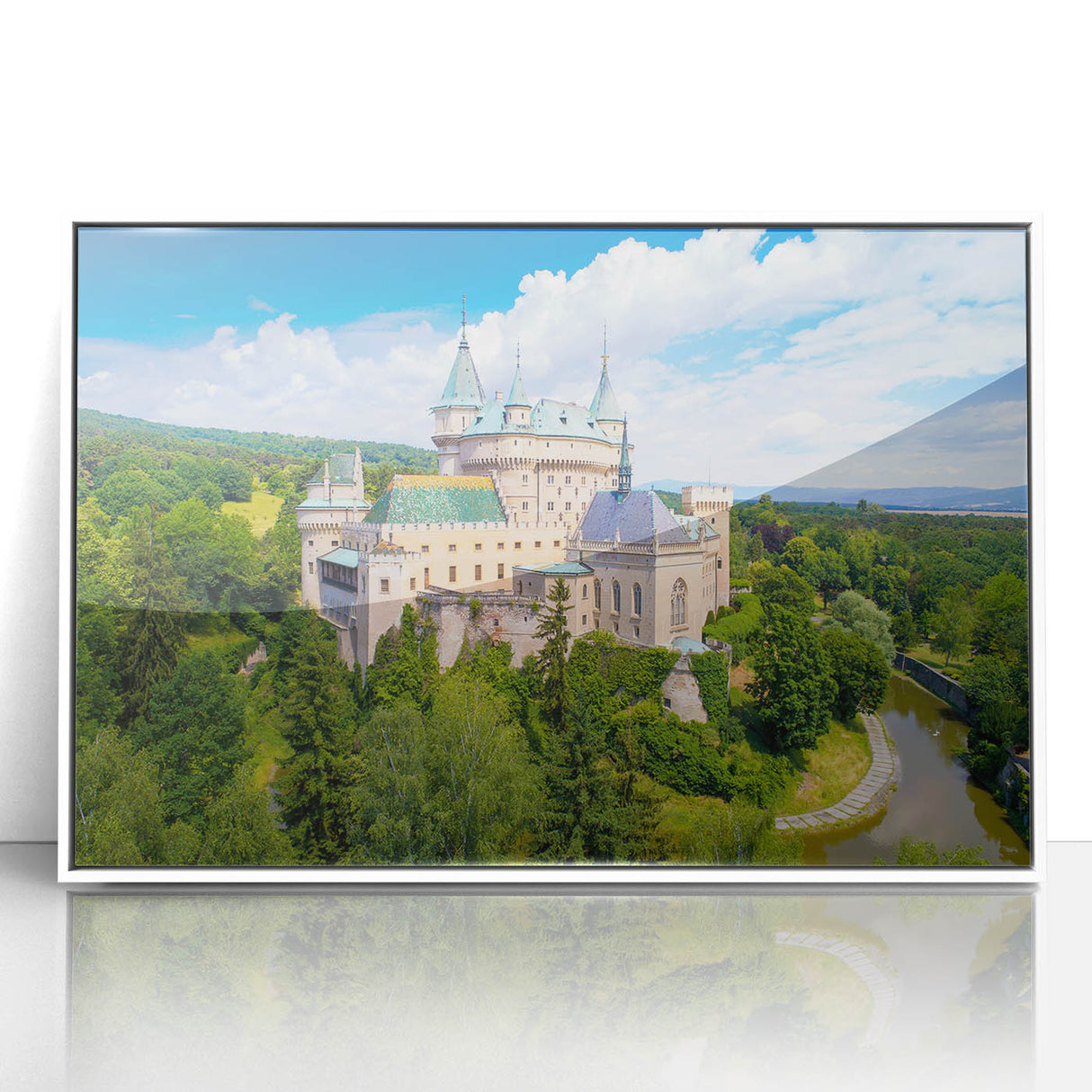 Mid-century modernist art depicting a European Slovakian landscape in muted earth tones on a framed acrylic print.