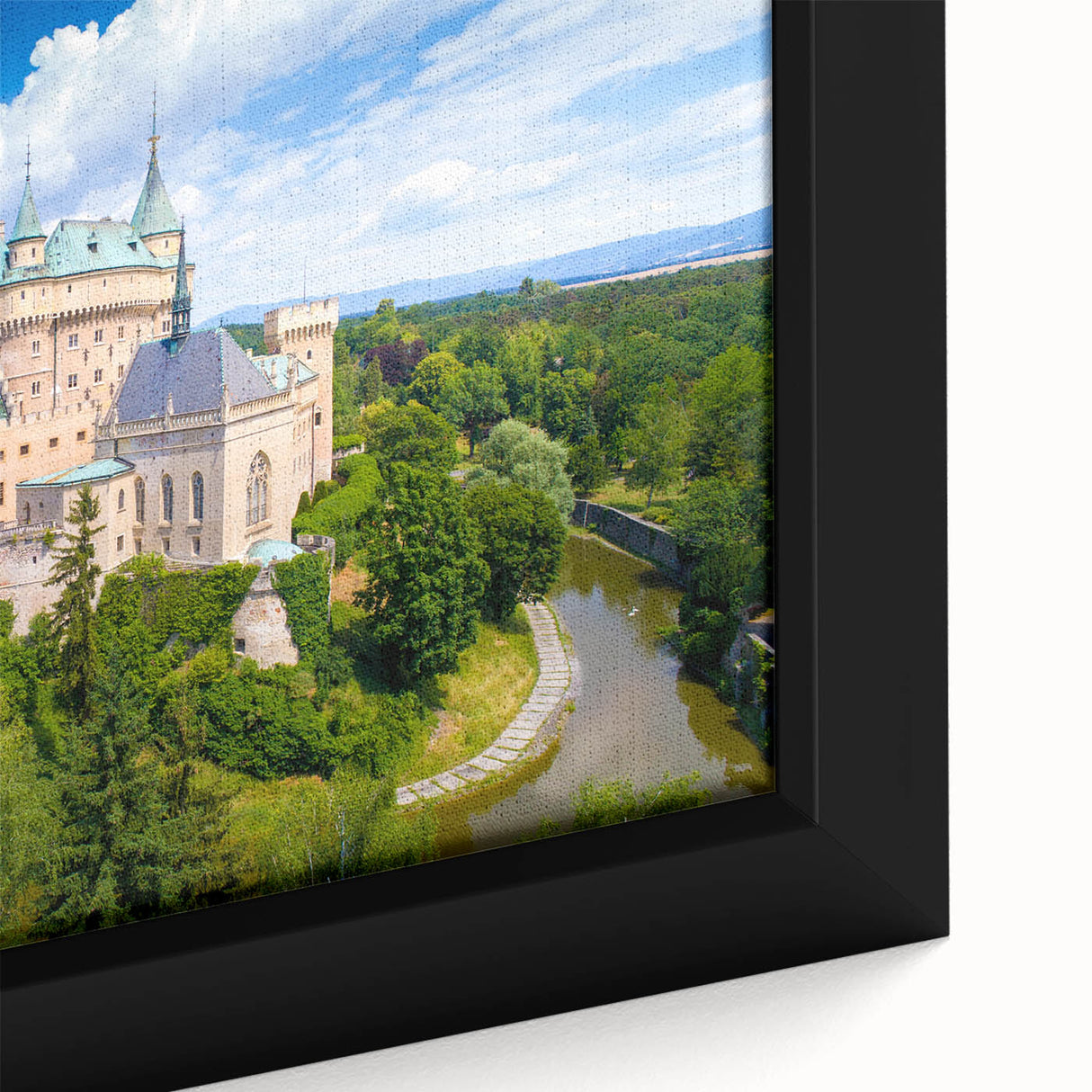 Black wall art featuring a textured, colorful European scenery on a framed canvas, ideal for living room decor.
