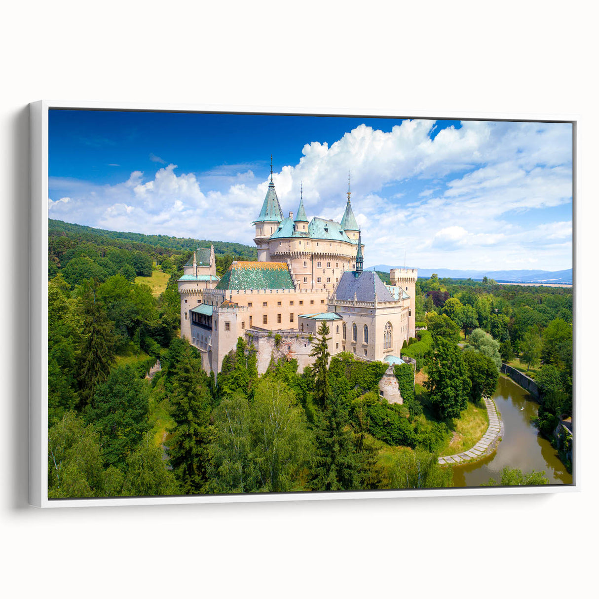 Vintage poster art of a European scenery in vibrant colors, framed canvas, ideal for living room decor.