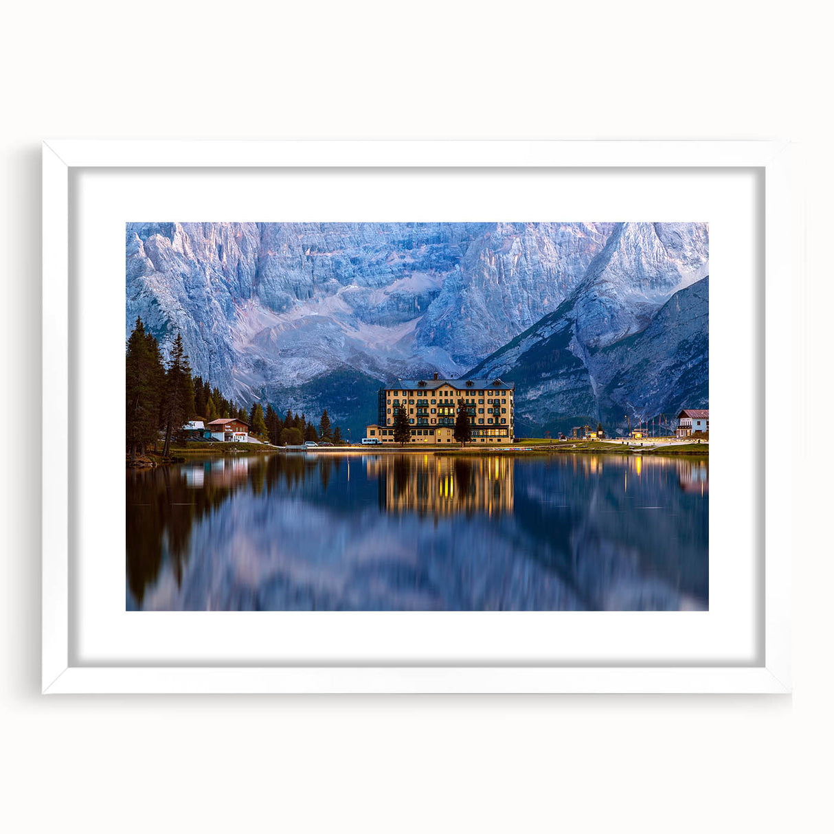Extra large framed abstract art print of a European scenery in textured white and gray tones, ideal for living room decor.