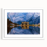 Extra large framed abstract art print of a European scenery in textured white and gray tones, ideal for living room decor.