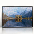 Large abstract wall art depicting a Slovenian landscape in muted earth tones, framed in black acrylic.