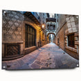 Acrylic print of a large abstract Barcelona cityscape in muted earth tones, suitable for bedroom or dining room decor.