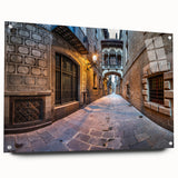 Acrylic print of a large abstract Barcelona cityscape in muted earth tones, suitable for bedroom or dining room decor.