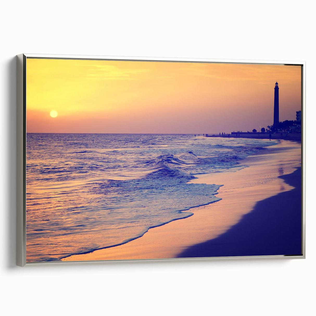 Framed canvas landscape art painting depicting the Canary Islands, with muted earth tones and vibrant blue accents.