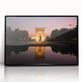 Large abstract wall art depicting the Madrid skyline in muted gray and blue tones on a black-framed acrylic print.