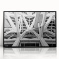 Large abstract wall art depicting a vibrant Valencia scenery in mid-century modernist style, framed in black acrylic.