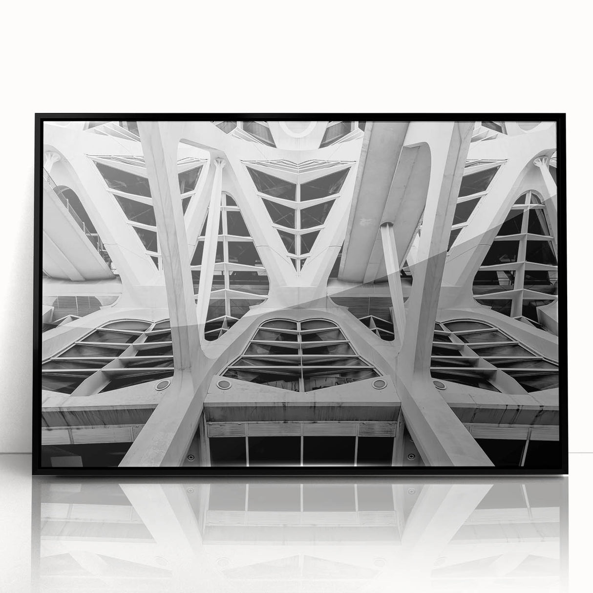 Large abstract wall art depicting a vibrant Valencia scenery in mid-century modernist style, framed in black acrylic.