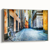 Framed canvas landscape art painting of Stockholm with colorful and black vintage poster art elements.