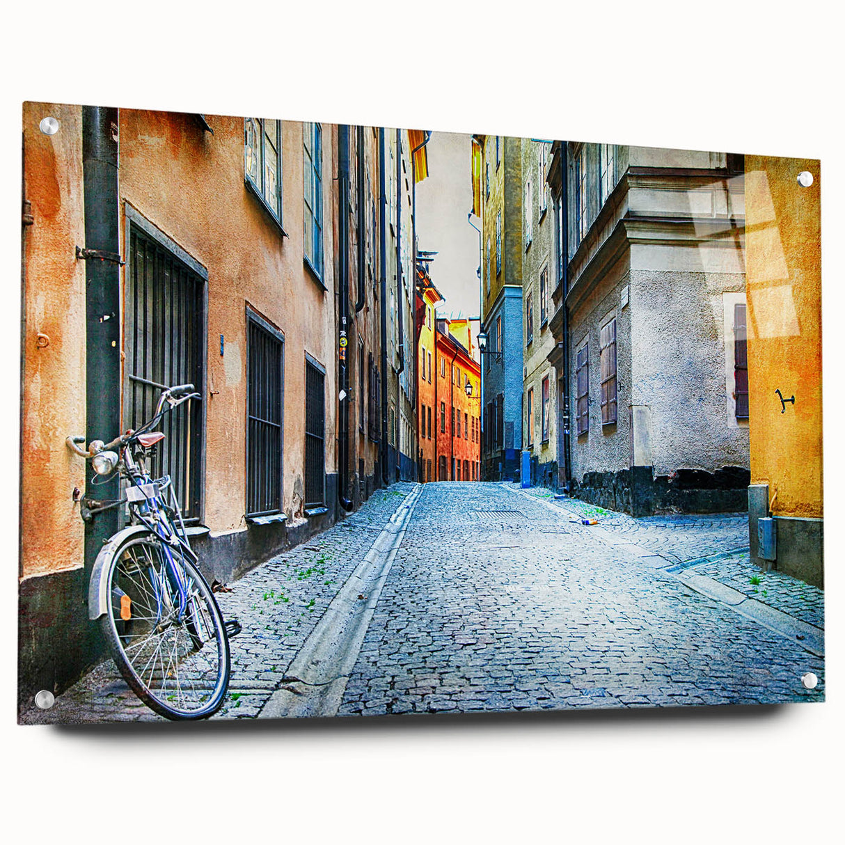 Acrylic print of a large abstract depiction of Stockholm in muted blue and gray tones.