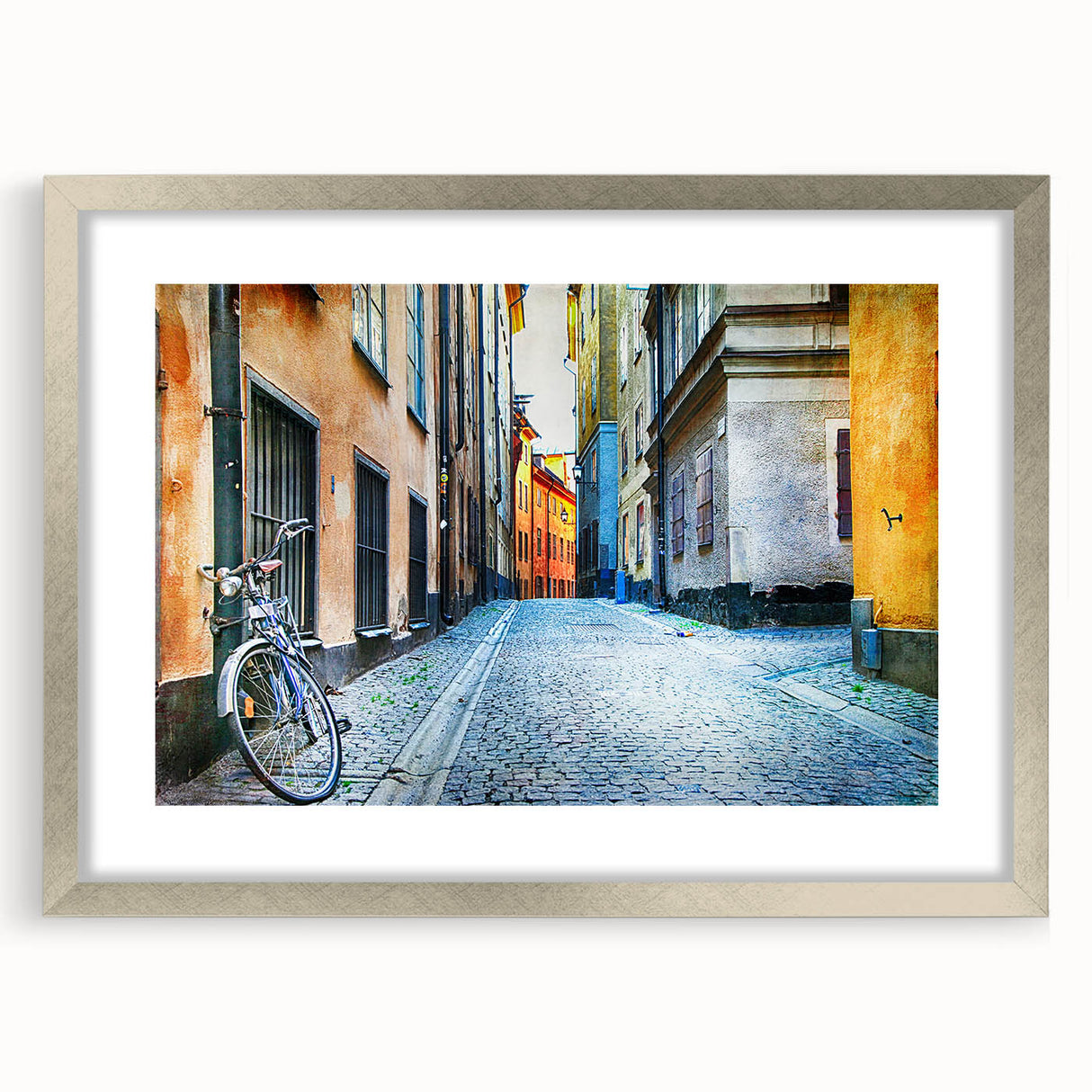 Textured abstract art print of Stockholm scenery in muted blue and gray tones, framed in silver, ideal for bedroom art.