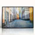 Large abstract wall art of Stockholm skyline in muted gray and blue tones on a framed acrylic print.