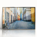 Mid-century modernist art depicting Stockholm's skyline in muted blue and gray tones on a framed acrylic print.