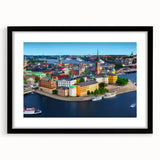 Extra large abstract art print depicting a colorful, textured European scenery on a black framed canvas.