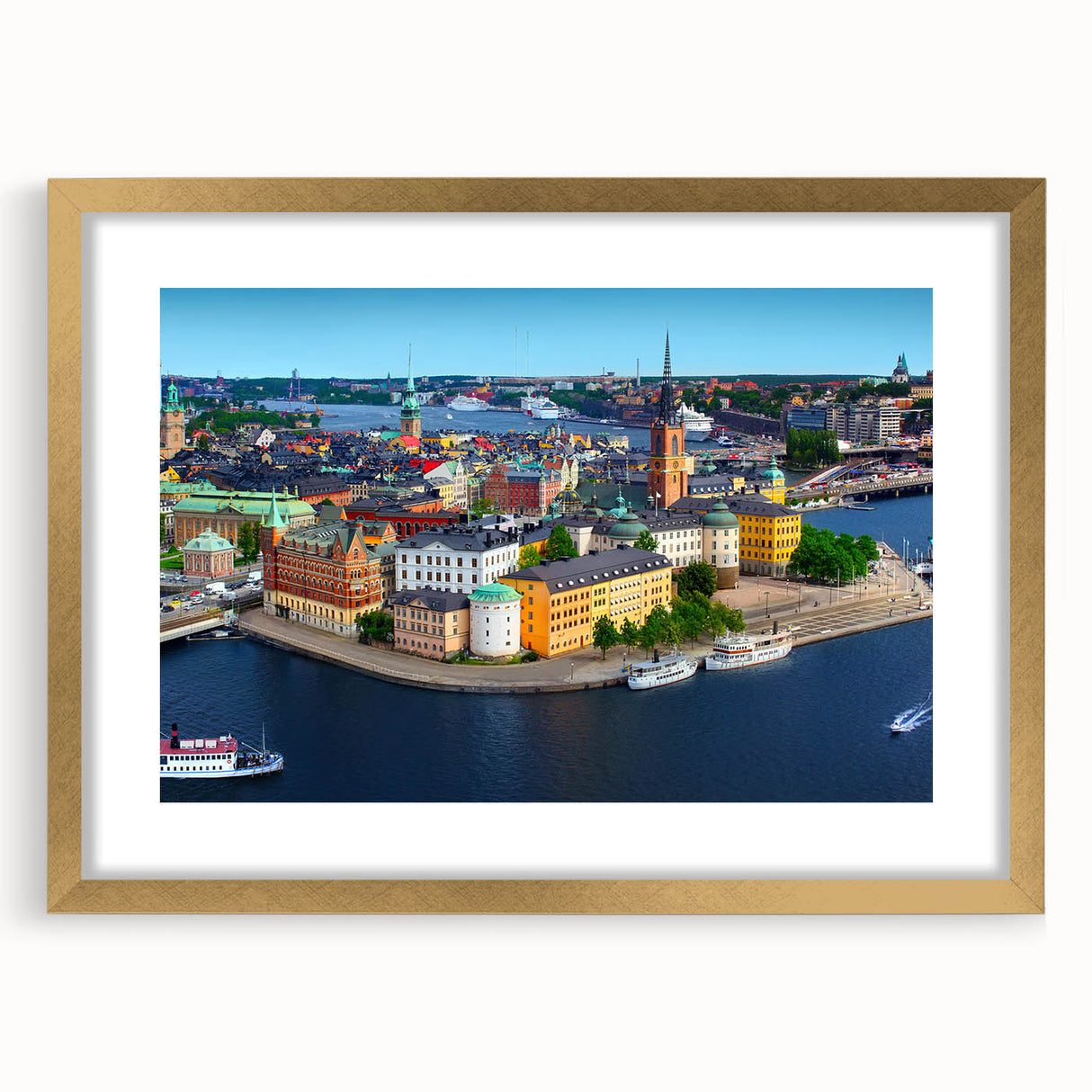 Extra large abstract art print of a textured European scenery in gold frame, ideal for living room decor.