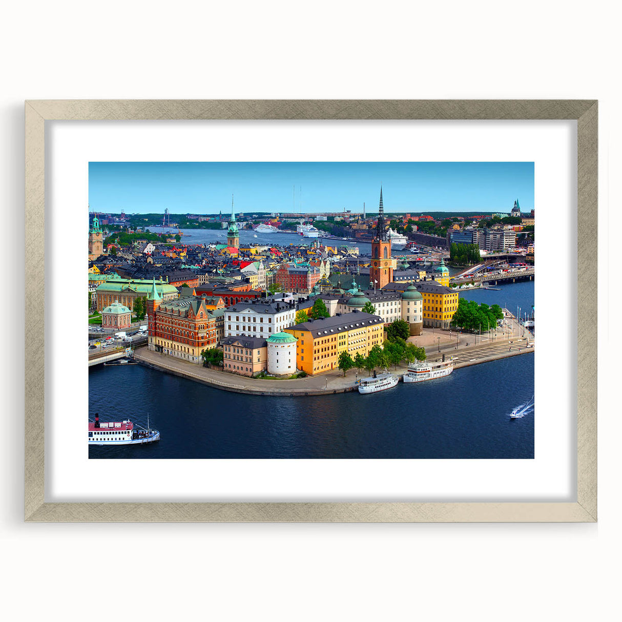 Textured abstract art print depicting a serene Swedish landscape in muted earth tones on a framed silver mat.