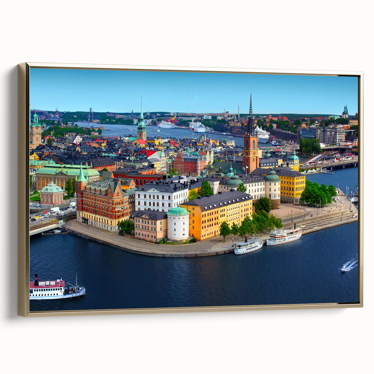 Framed canvas depicting a serene Swedish landscape in muted gold and black tones, suitable for bedroom wall art.