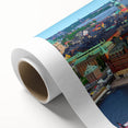 Art Deco poster of a serene Swedish landscape in muted green and blue tones, rolled canvas, ideal for nursery wall art.