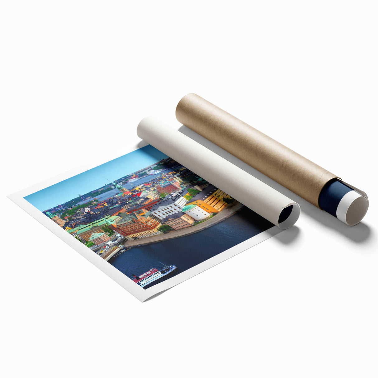Large rolled print of a serene Swedish landscape with soft floral elements in pastel shades.